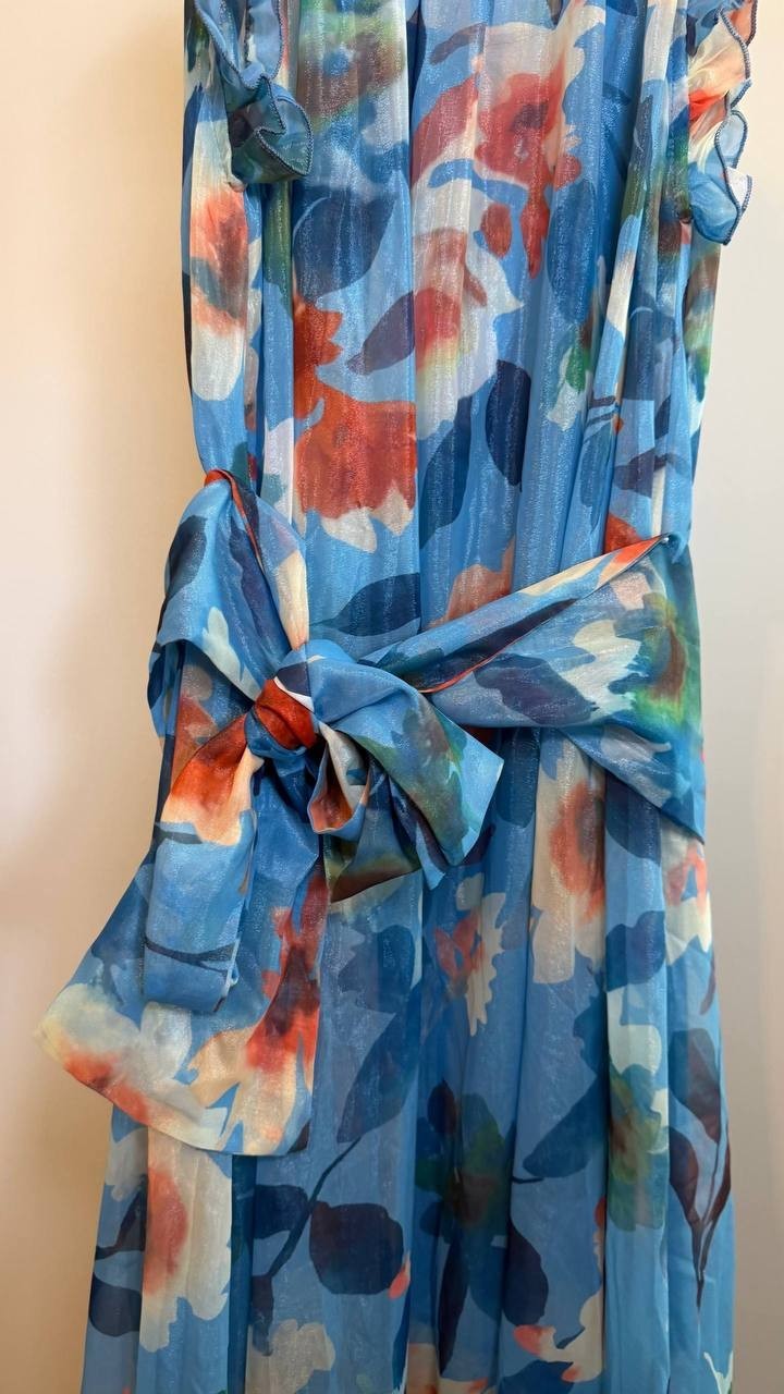 Nancy Yang Floral Maxi Dress Blue Multi Size M NWT Ruffled Skirt Summer Event