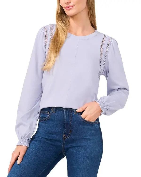 CeCe Dupraz Lace Inset Swing Top Slate Blue Cotton Blouse - Size S NWT