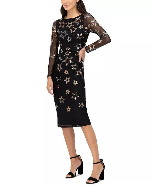 Vince Camuto Women's Sequined Stars Mesh Bodycon Dress Cocktail Party Black 10