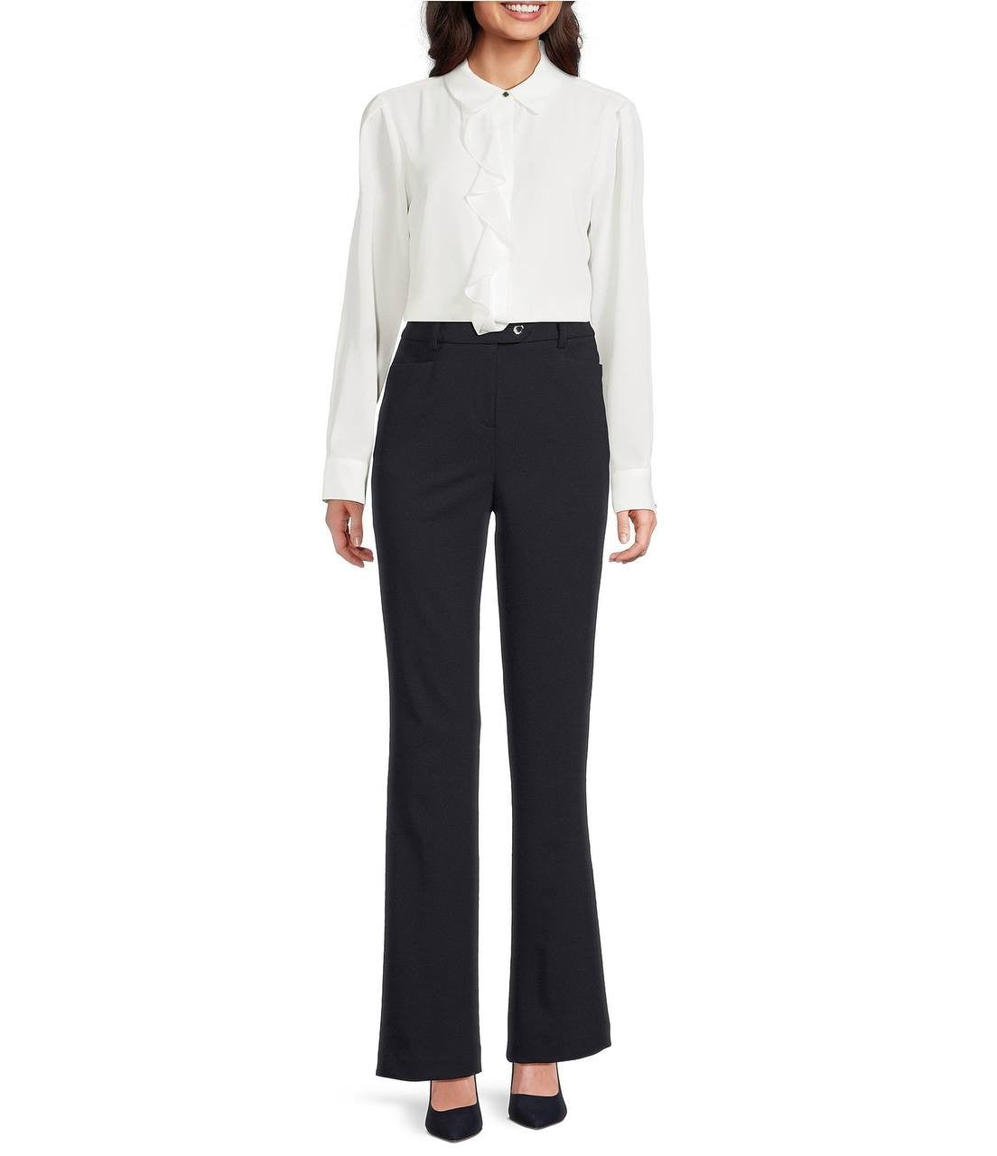 Calvin Klein Point‑Collar Ruffle Button‑Front Blouse – White– Size M – NWT– $89