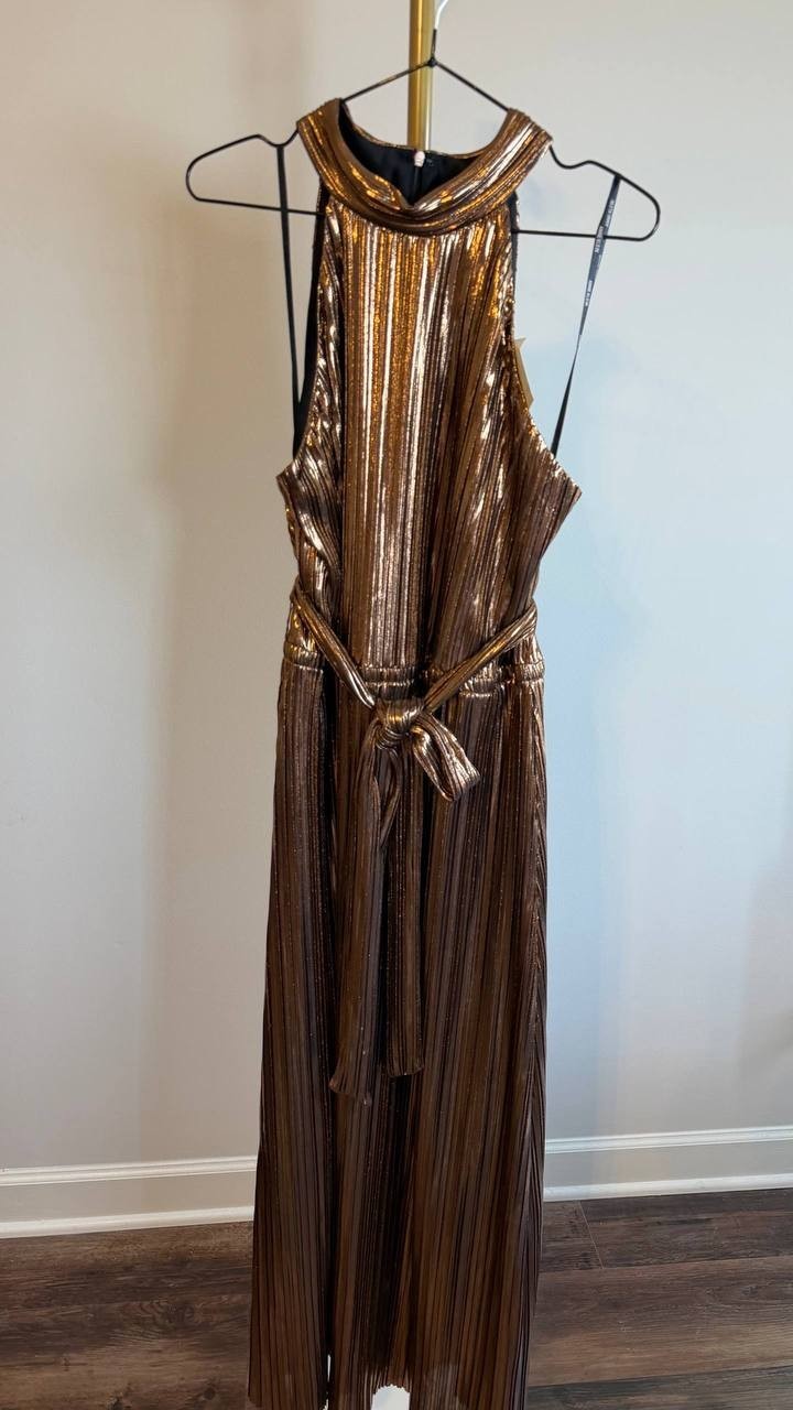 Anne Klein Women’s Metallic Mock Neck Halter Halter Dress Size XL NWT $159