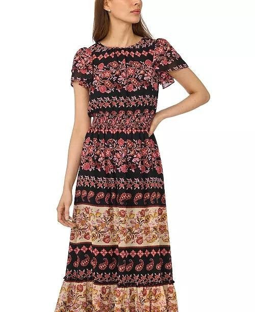 CeCe Short-Sleeve Printed Maxi Dress Rich Black M NWT $139