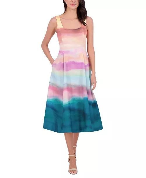 Vince Camuto Women’s Scoop‑Neck Fit & Flare Scuba Midi Dress Multi 16 $168 NWT