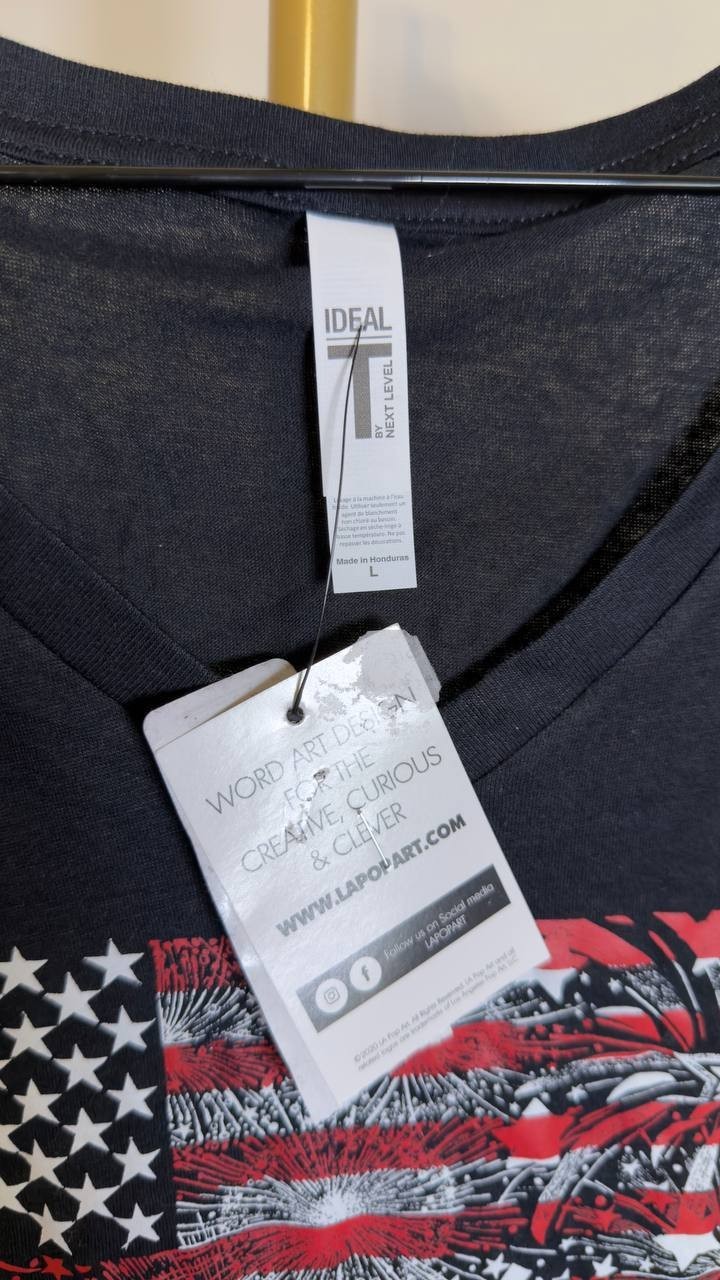 LA Pop Art Women’s Fireworks American Flag V‑Neck T‑Shirt Black L NWT $25