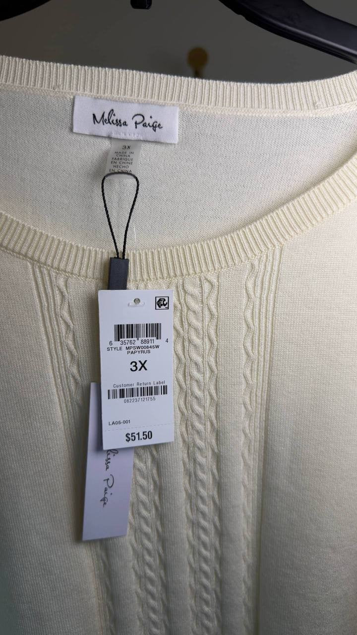 Melissa Paige Cable‑Knit Sweater Papyrus 3X NWT $51.50