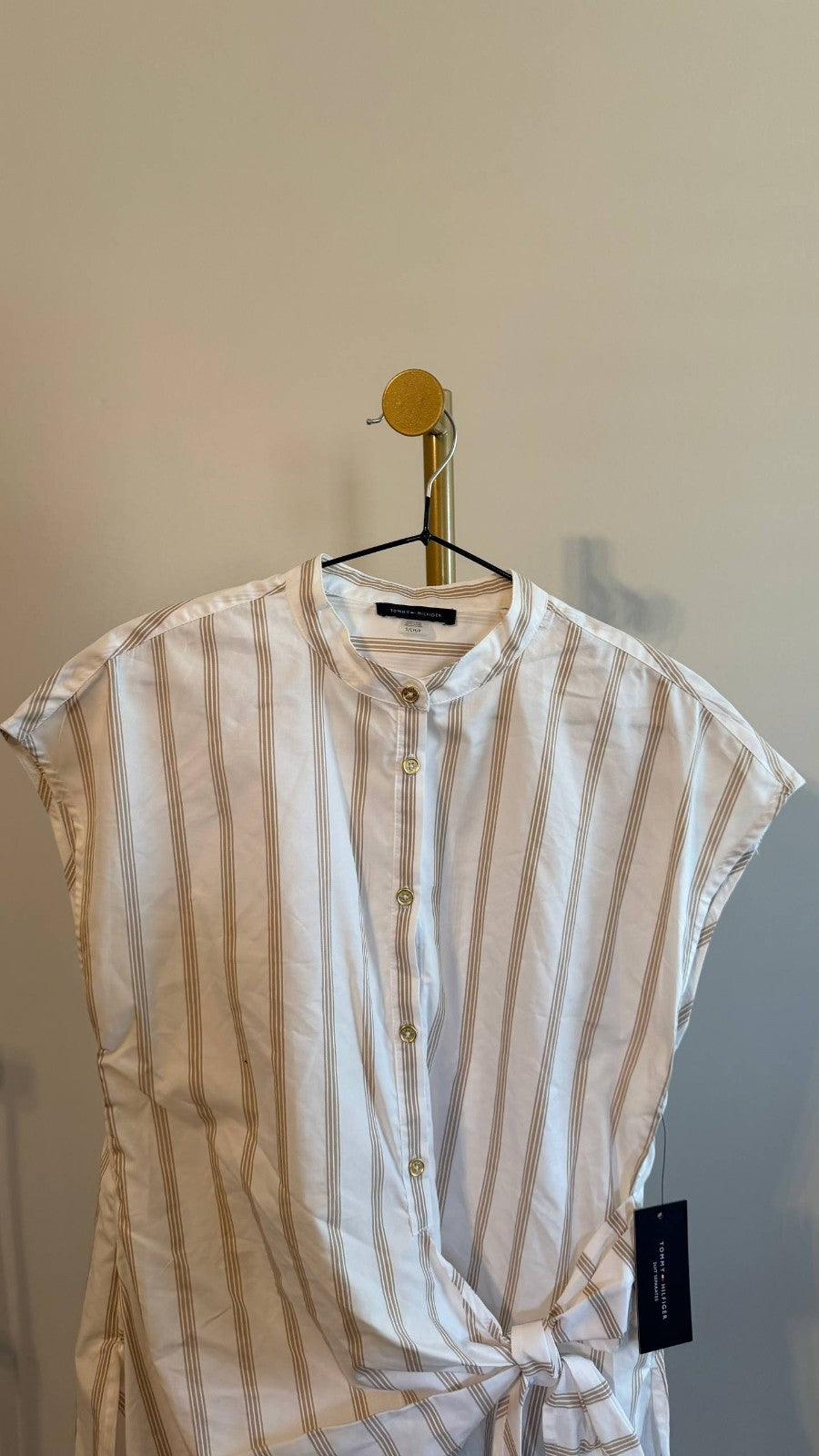 Tommy Hilfiger Women’s Striped Side‑Tie Cap‑Sleeve Blouse White Beige $79 NWT
