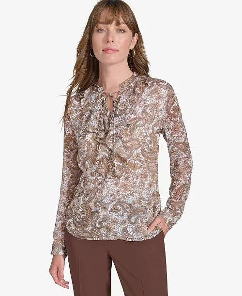 Tommy Hilfiger Paisley‑Print Ruffled Blouse – Long Sleeve – L – NWOT
