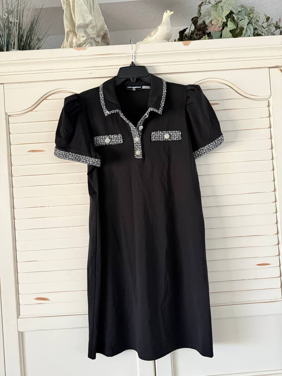 Karl Lagerfeld Paris Dress L Black Tweed Trim A-Line Point Collar NWT MSRP $139