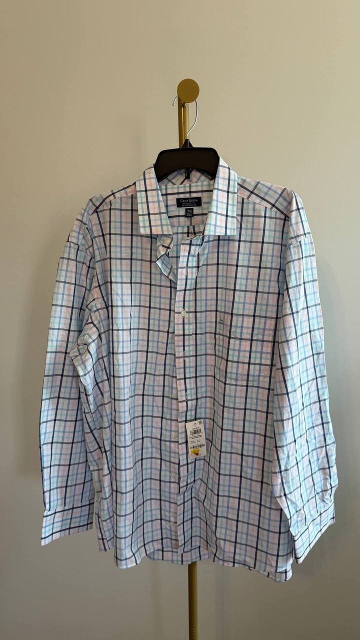 Club Room Men’s Plaid Performance Dress Shirt Blue Pink NWT 60$