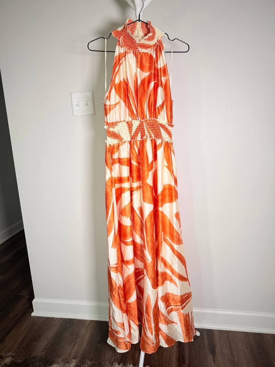 Melloday Geo Mock Neck Maxi Dress –Orange Print– Size S – NWT – $99