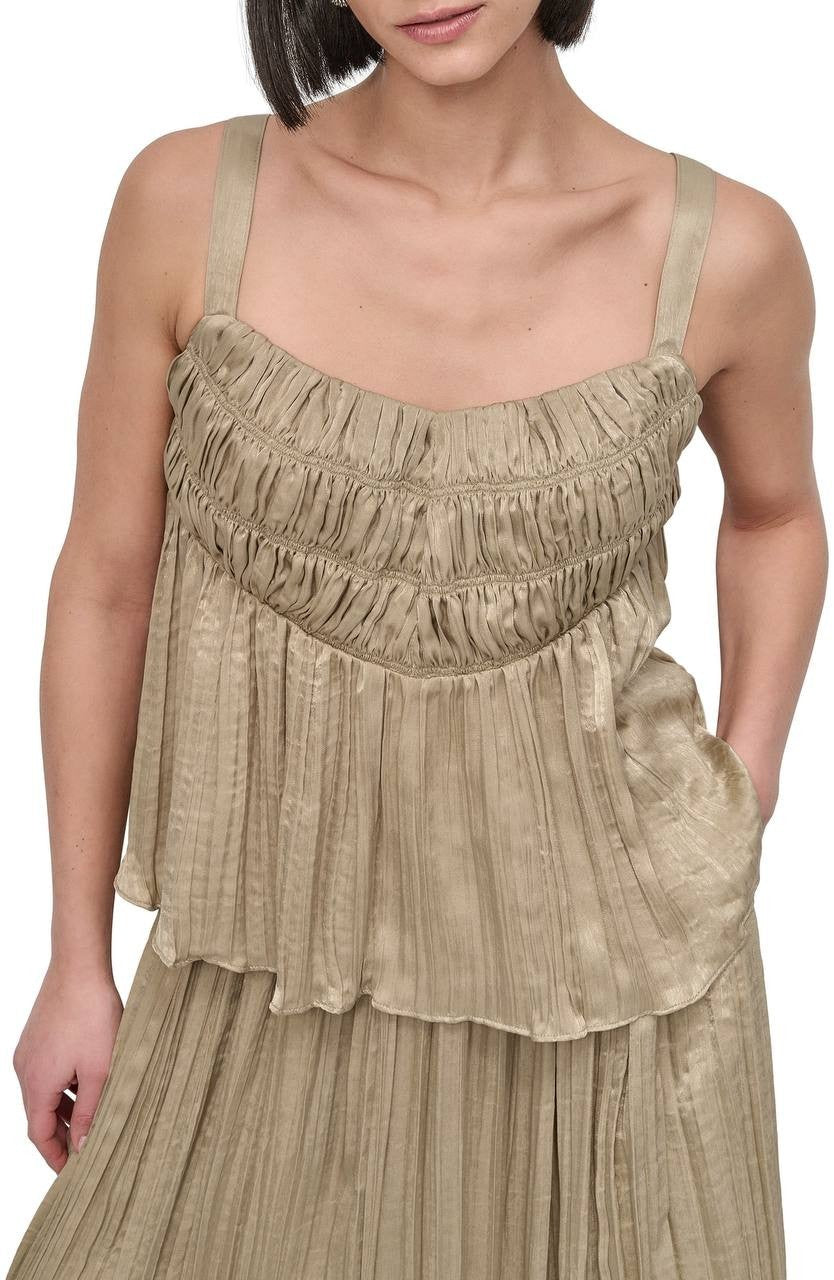 DKNY Crushed Pleats Sleeveless Scoop‑Neck Top Pale Moss M NWT $89