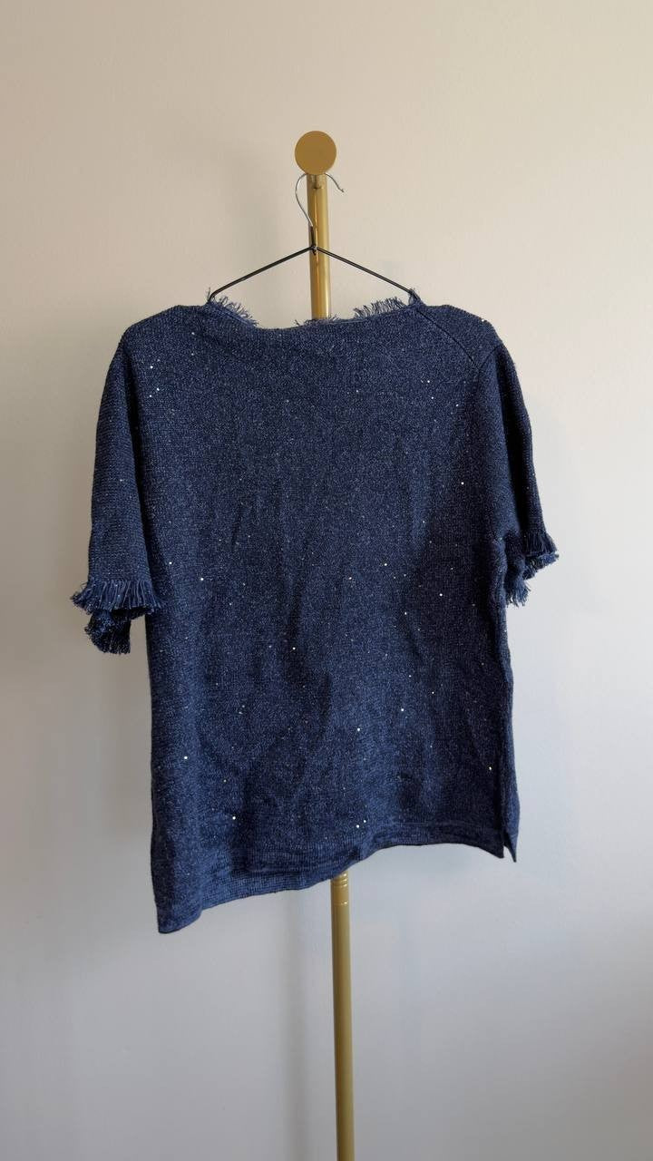 Kobi Halperin Kate Fringe Short Sleeve Sweater Navy XL NWT $298