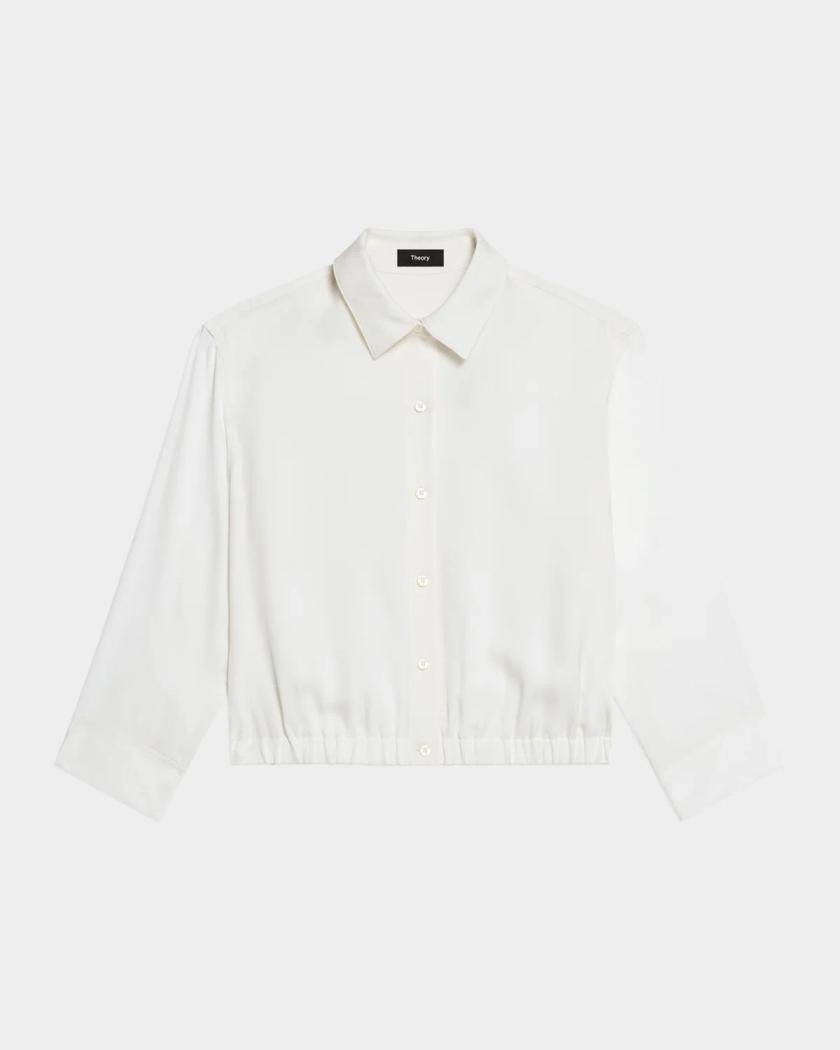 Theory Scrunched‑Sleeve Cropped Silk Button Shirt Ivory L NWT $365