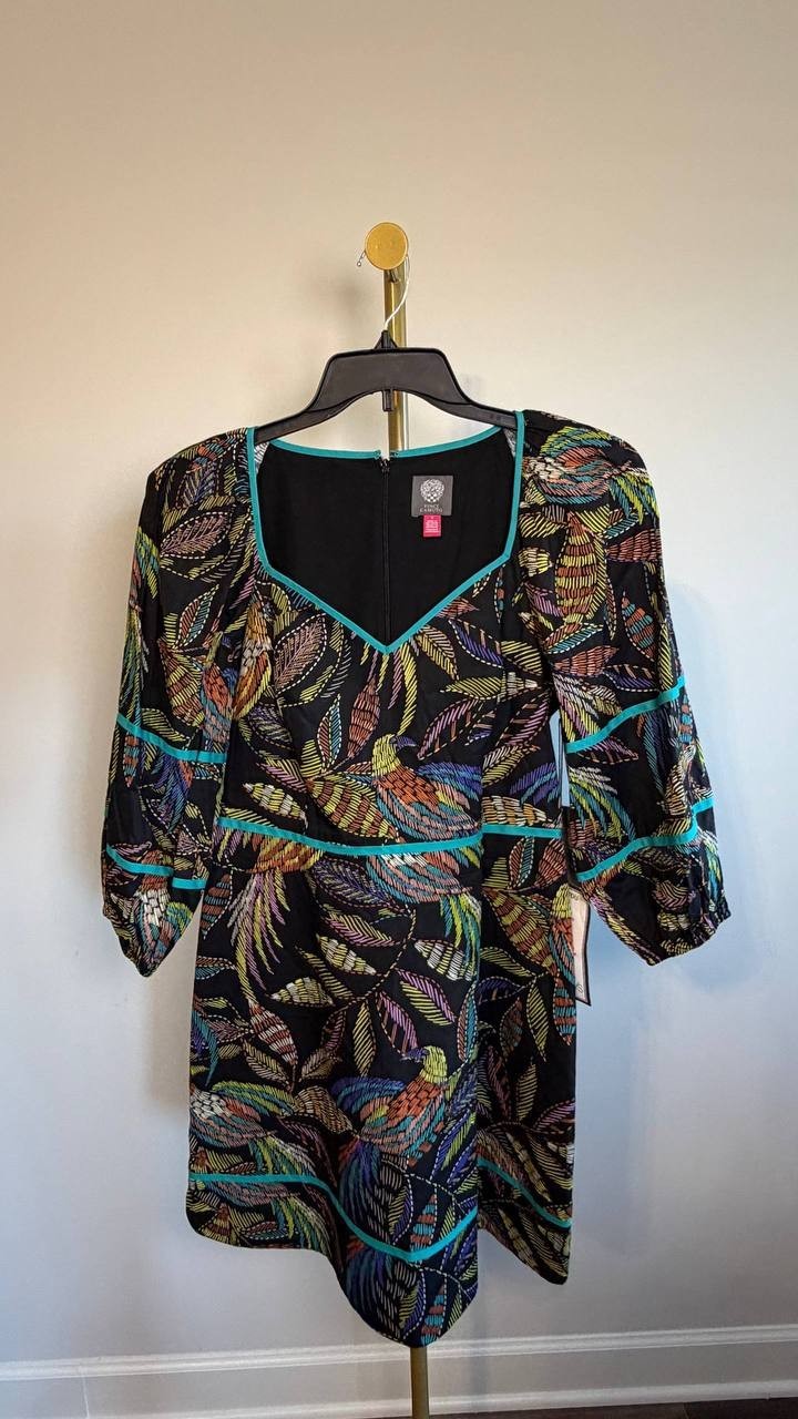 Vince Camuto Puff Sleeve Cotton Poplin Dress Black Multi 8 NWT $138