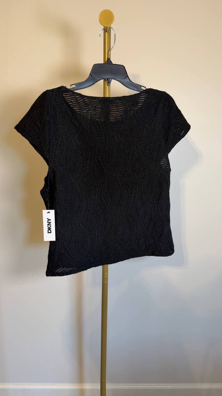 DKNY Texture Knit Top Boat Neck Short Sleeve Black M NWT $69