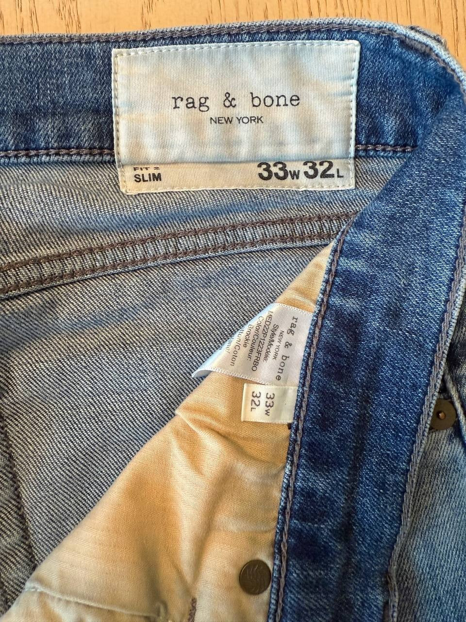 Rag &amp; Bone New York Slim Fit Jeans 33W x 32L Blue Denim Men Pre-owned Fair