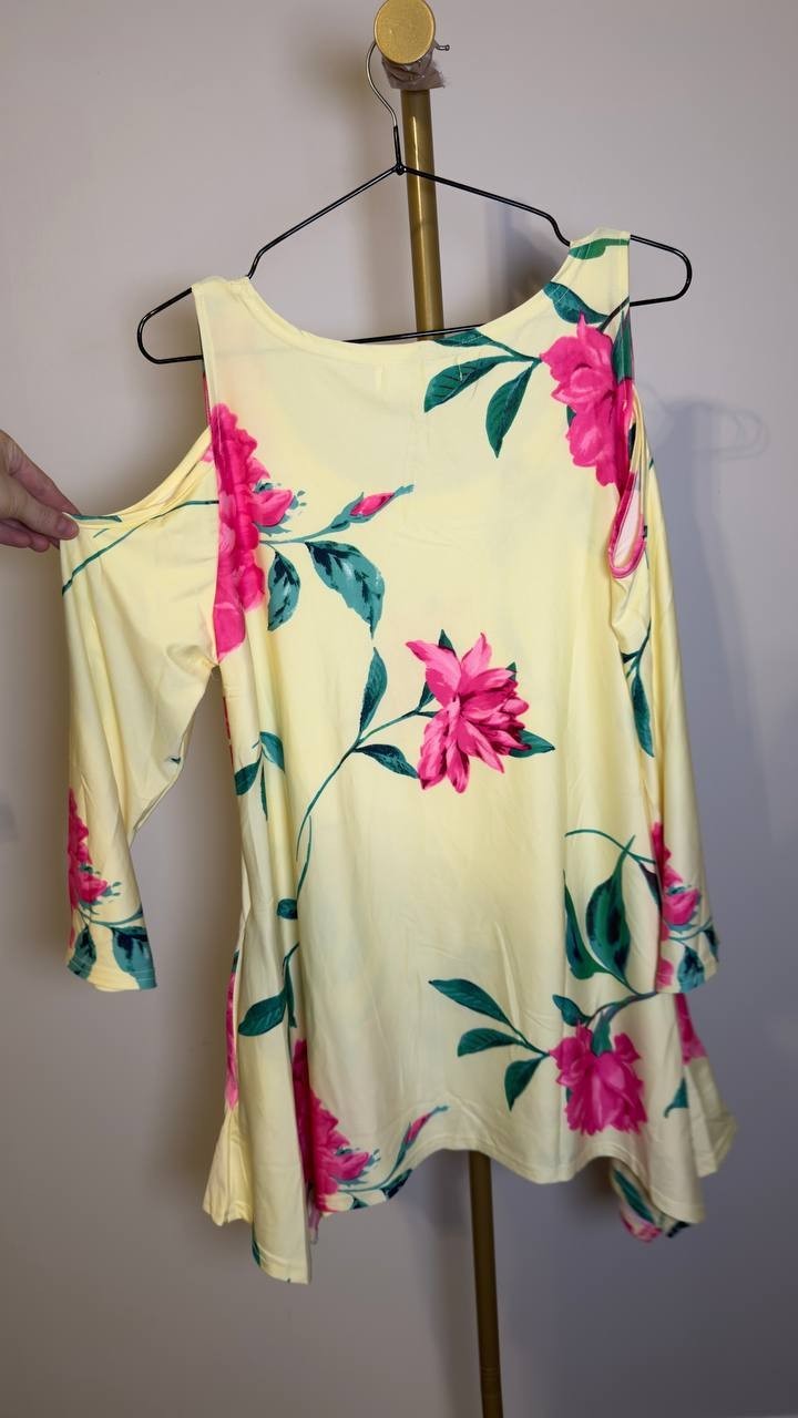 White Mark Women’s Floral Printed Cold Shoulder Tunic Yellow Pink XL NWT $68