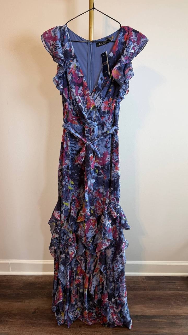 Lauren Ralph Lauren Print Ruffle Georgette Gown Blue Multi 2 NWT $325