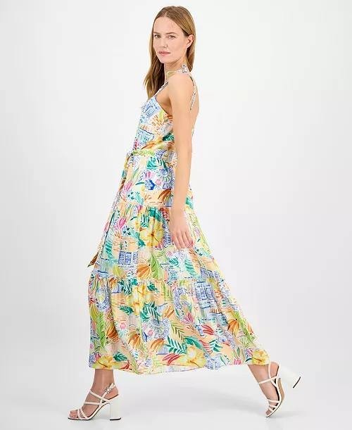 Julia Jordan Straight‑Neck Sleeveless Printed Dress Ivory Multi L NWT $129