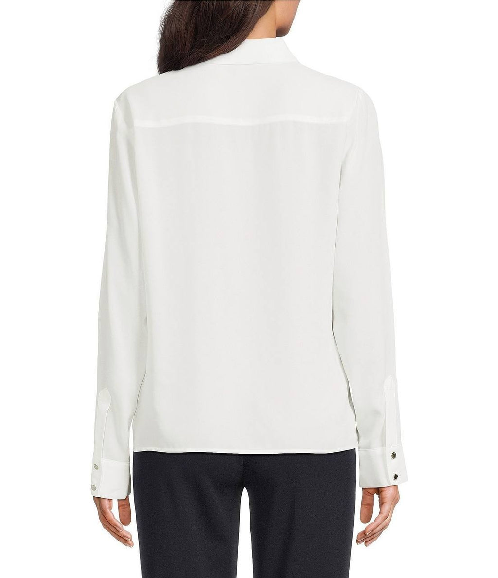 Calvin Klein Point‑Collar Ruffle Button‑Front Blouse – White– Size M – NWT– $89