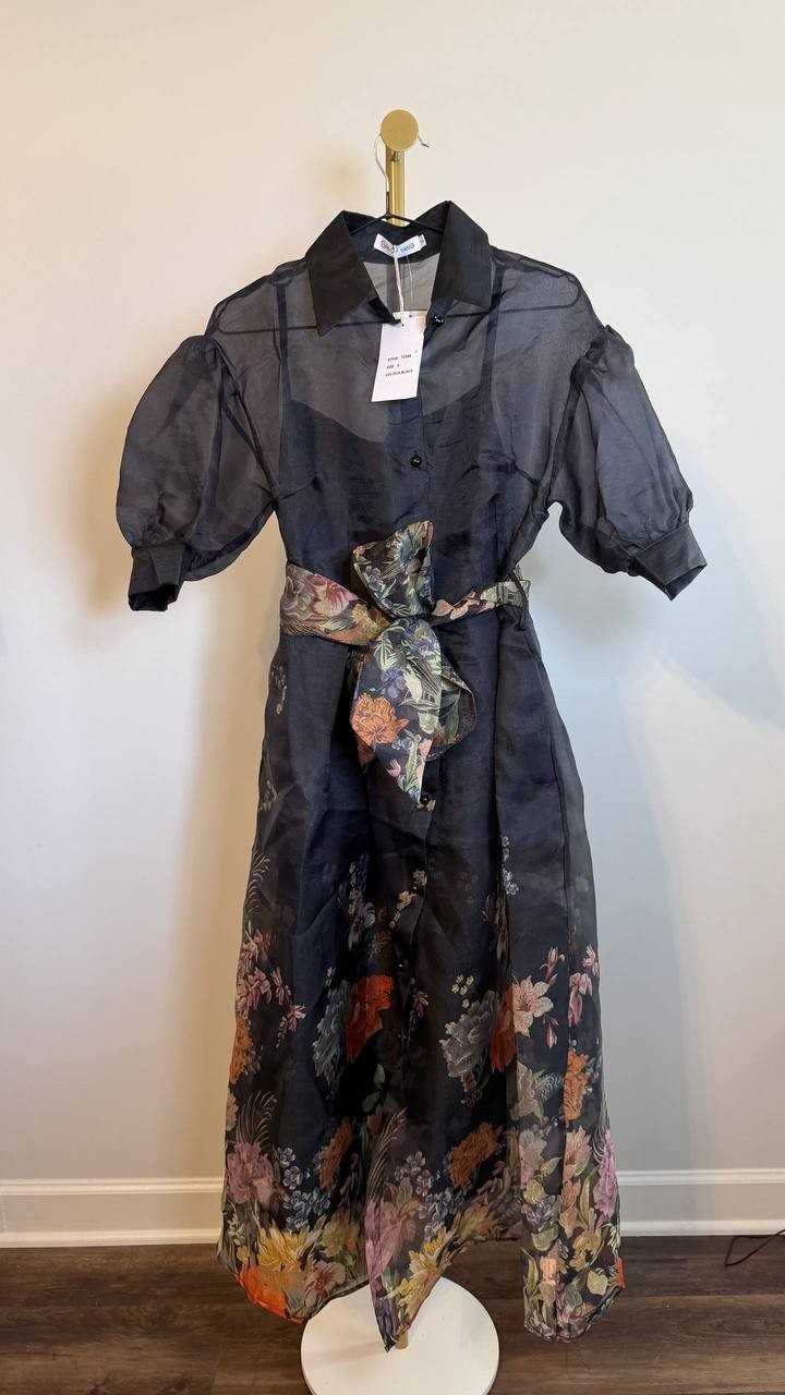 Nancy Yang Floral Print Dress Black Puff Sleeve Belted Size S NWT $195
