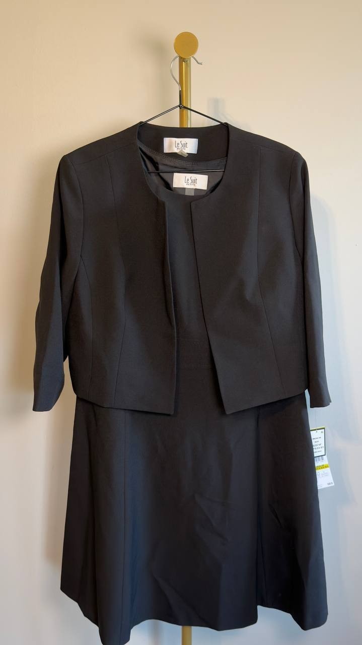 Le Suit Open Front Jacket & Sleeveless Flared Dress 2pc Set Black 14P NWT $330