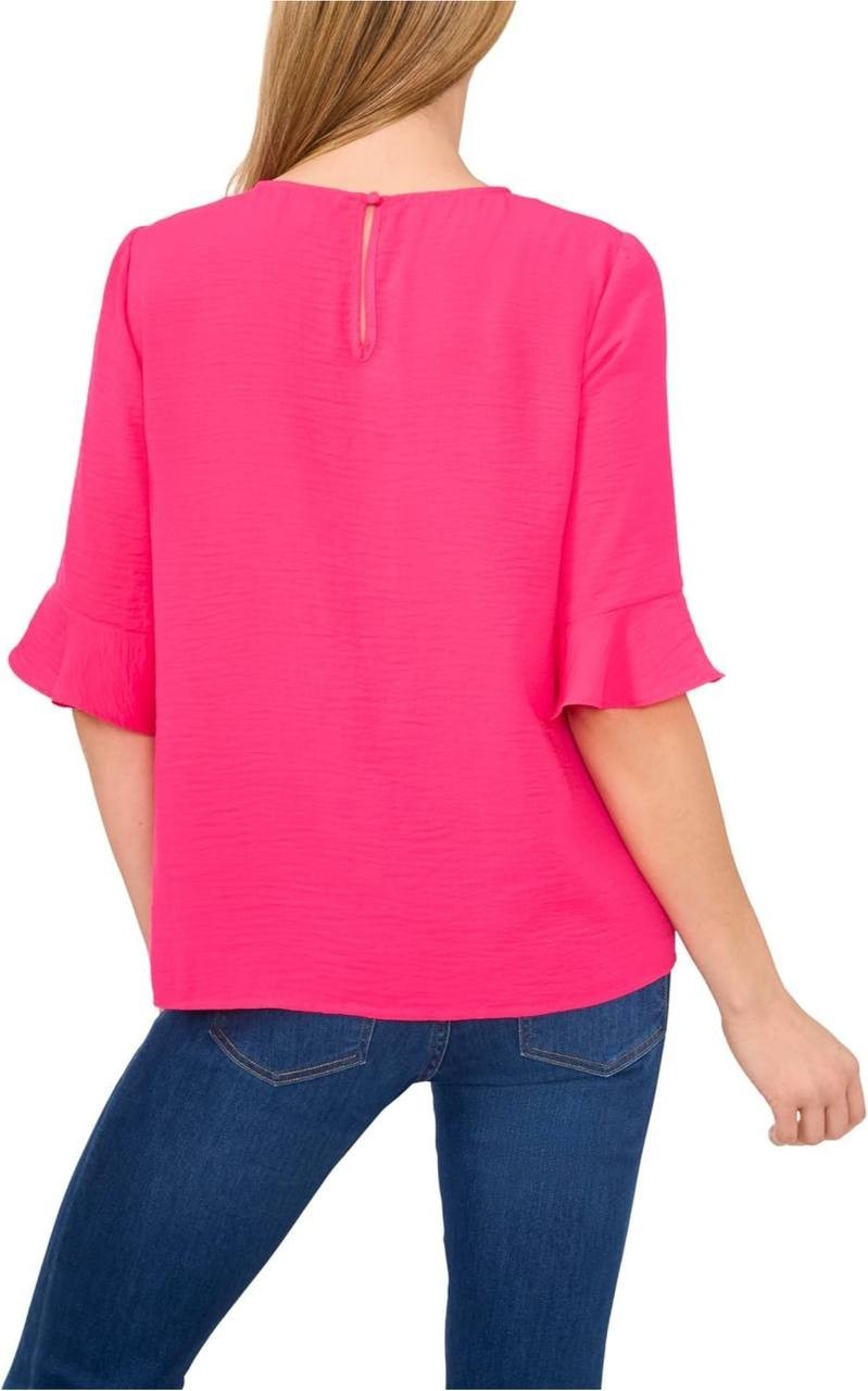 CeCe Textured Ruffled-Cuff Blouse Bright Rose XL NWT Crewneck Keyhole Back
