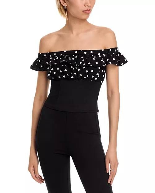 FORE Polka Dot Off-Shoulder Top for Women, Black, Size L, NWT, Ruffle Trim