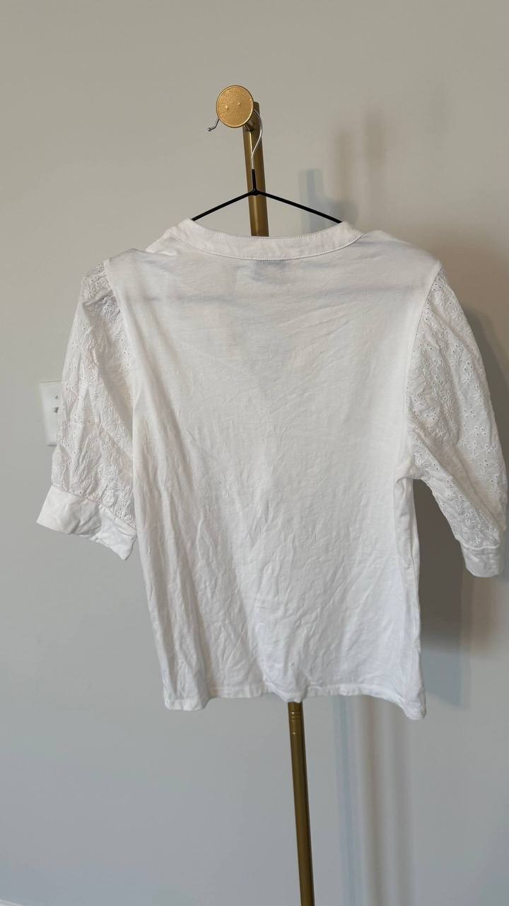 CeCe White Puffed‑Sleeve Mixed‑Media Top L Pre‑Owned Feminine Style msrp$69