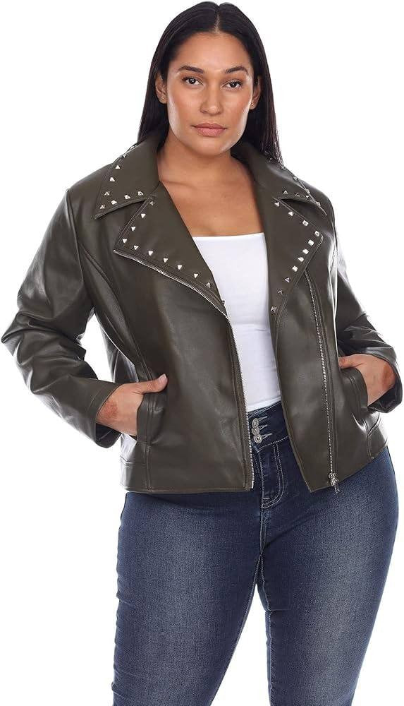 White Mark Women’s Studded Faux Leather Jacket, Size 1X, Color Olive, NWT