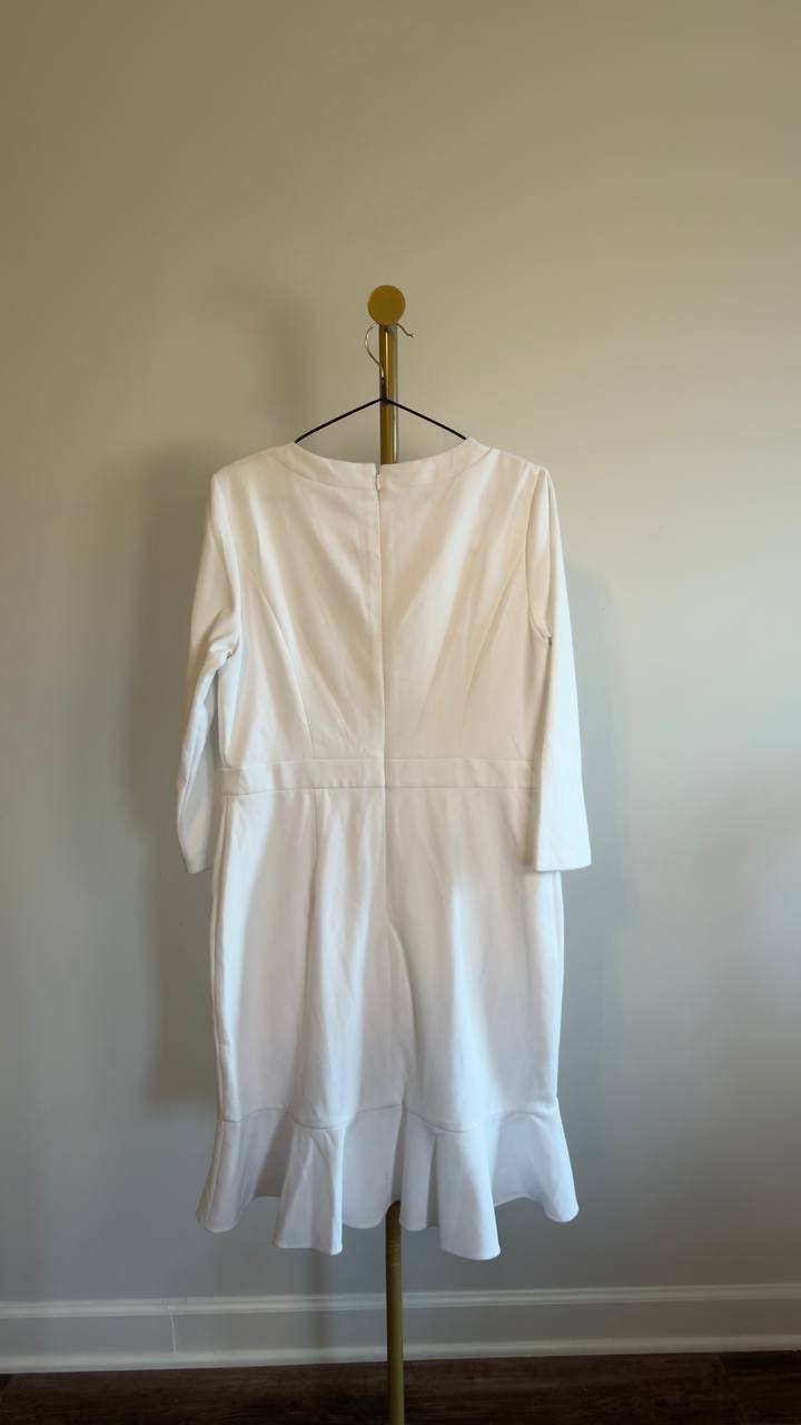Kasper White Round Neck Knee-Length Ruffle Skirt Dress M NWT $99