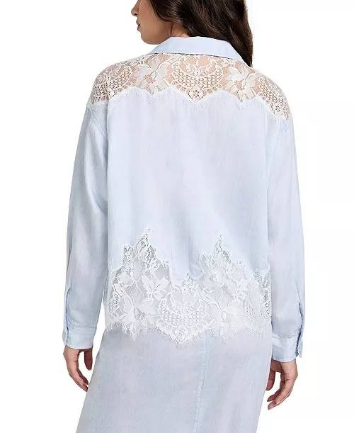GUESS Shirt L Blue Evie Lace Trim Chambray Long Sleeve Casual NWT MSRP $129
