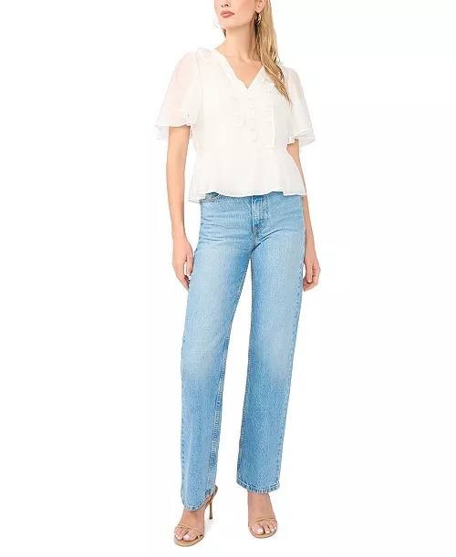 Vince Camuto Flutter-Sleeve V-Neck Top Ultra White M NWT $99