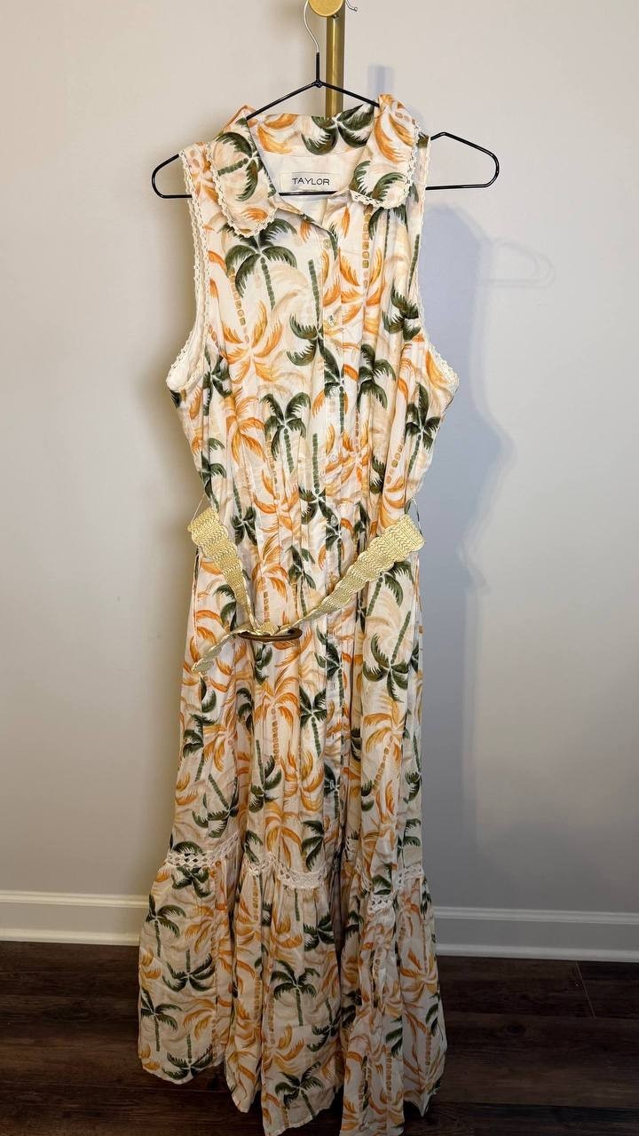 Taylor Printed Taffeta‑Belt Sleeveless A‑Line Dress Multi 16 NWOT $138