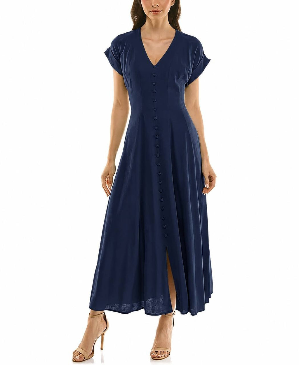 Taylor Button‑Front A‑Line V‑Neck Long Dress Navy 8 NWT $129