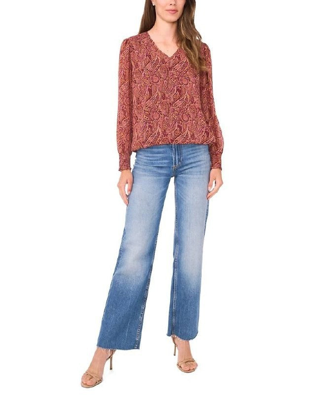 Sam & Jess Blouson V‑Neck Top Crisp Merl M NWT Lightweight Modern MSRP$59
