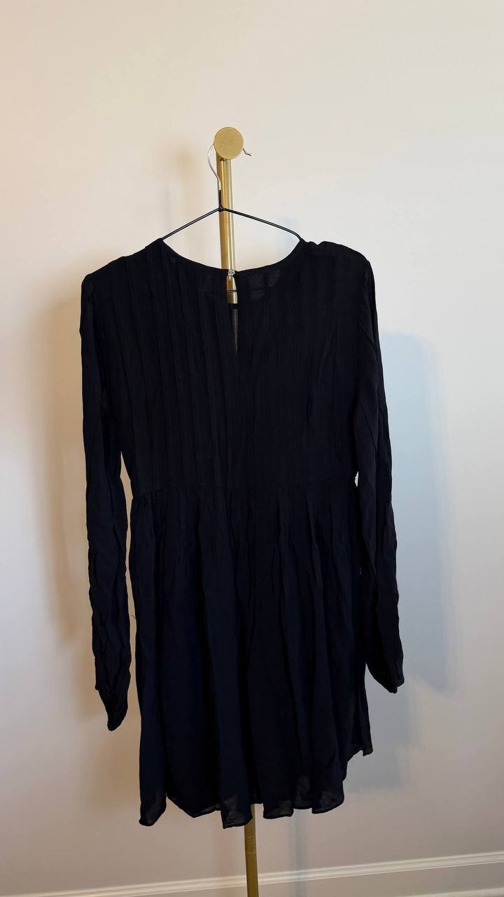 FARM Rio Pleated Mini Dress Black Long Sleeve Semi Sheer Size S NWT $280