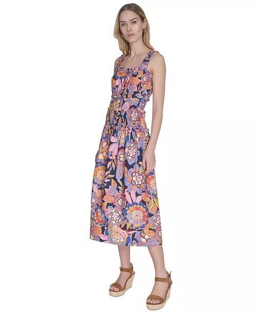 Eliza J Cotton Smocked-Waist Floral Midi Dress Multi 10 NWT $138