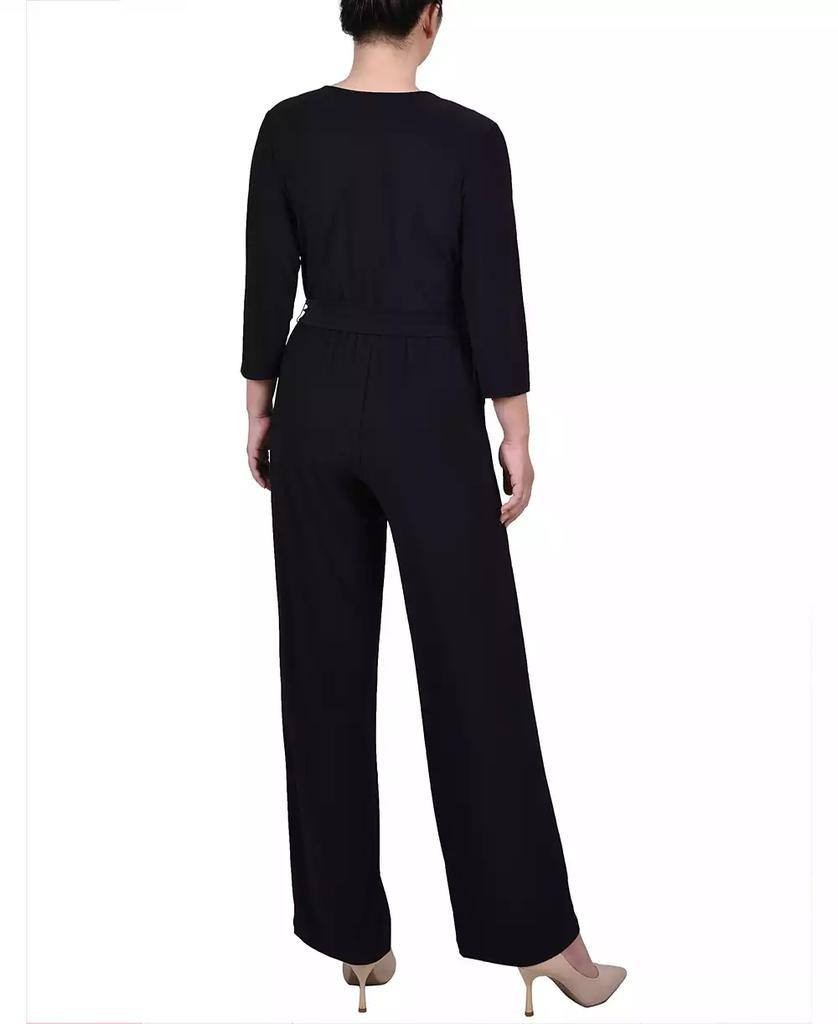 NY Collection Petite 3/4 Sleeve Belted Wide Leg Jumpsuit Black PM $66 NWT