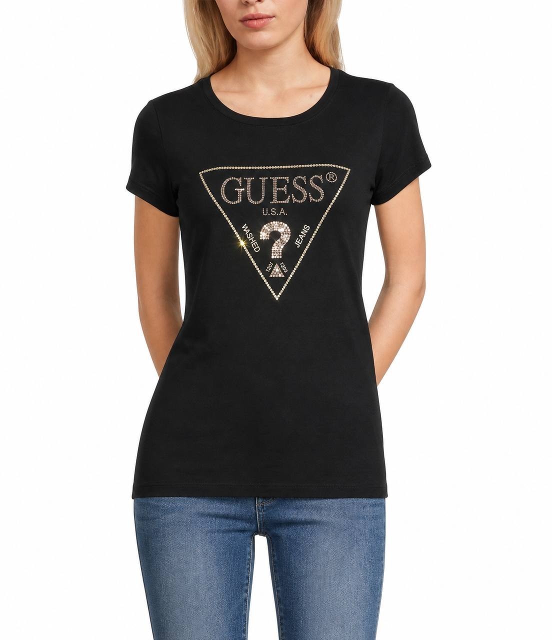 Guess Eco Embellished Logo T-Shirt Black Stretch Tee Size XL NWT $39 need wash