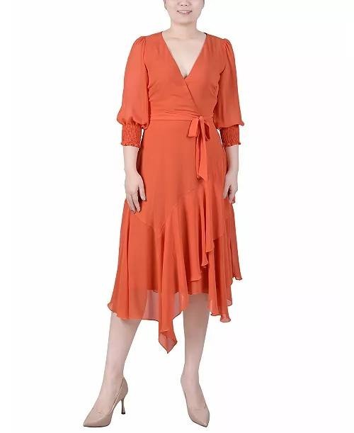 NY Collection Womens Orange 3/4 Sleeve Belted Chiffon Dress Petite Sz PXL