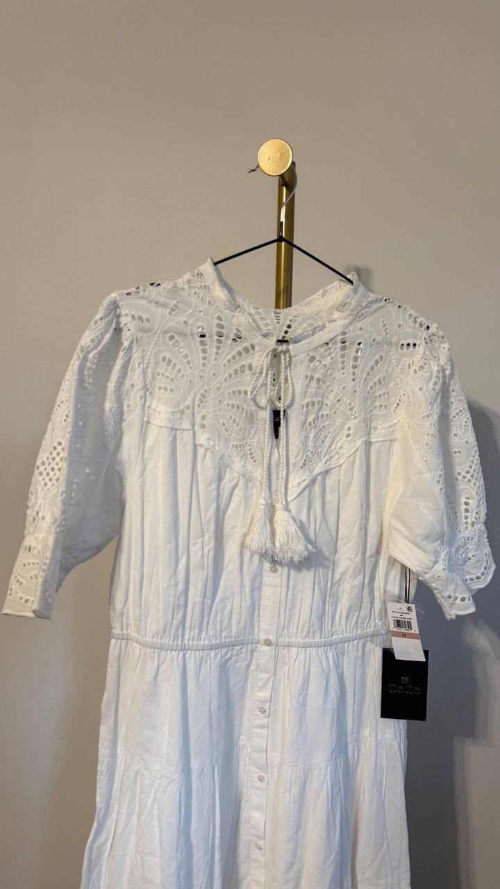 CeCe Women’s Eyelet Trim Midi Dress White 12 $139 NWT