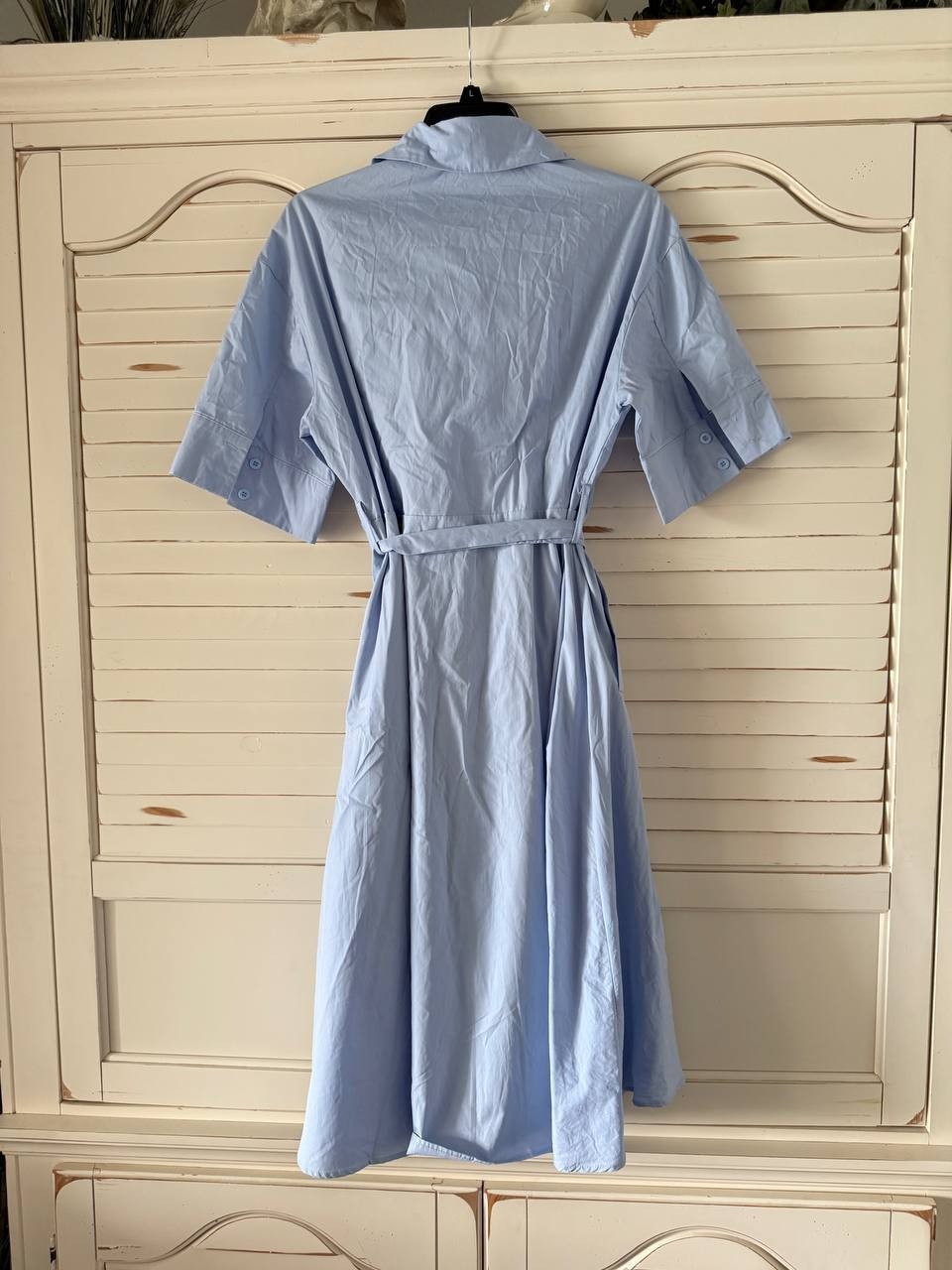 T Tahari Rose Appliqué Cotton Dress LightBlue Size-L Button-Front Tie Waist