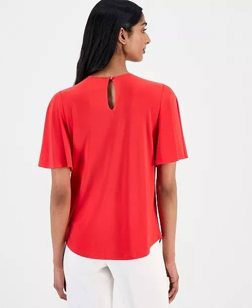 Anne Klein Pleat‑Neck Flutter‑Sleeve Blouse Red Begonia XXL NWT $69