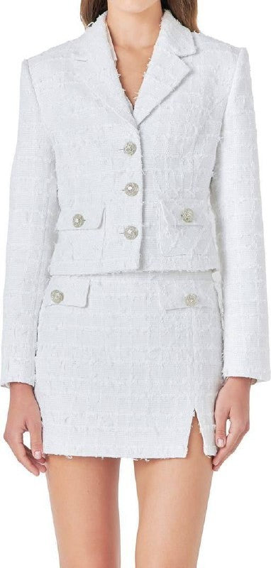 Endless Rose White Crop Tweed Jacket L NWT Without buttons Chic Modern msrp$185