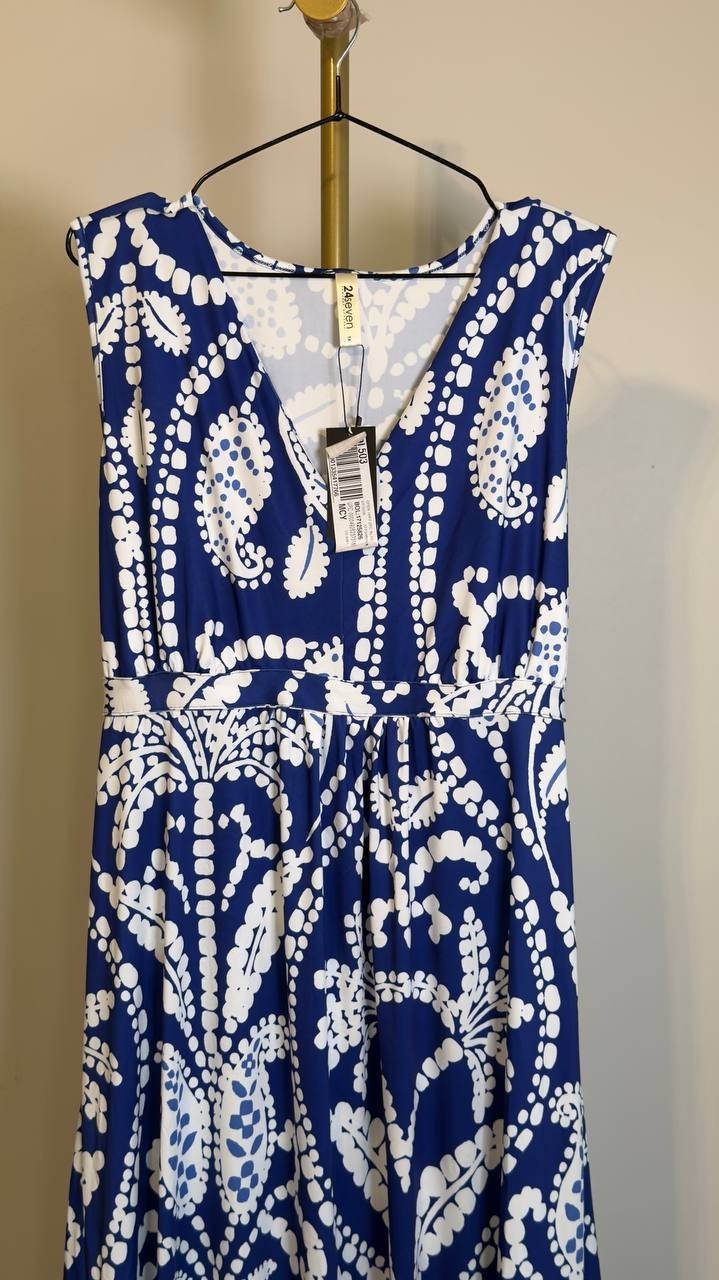 24Seven Comfort Apparel Sleeveless Empire Maxi Dress White/Navy 1X NWT $53