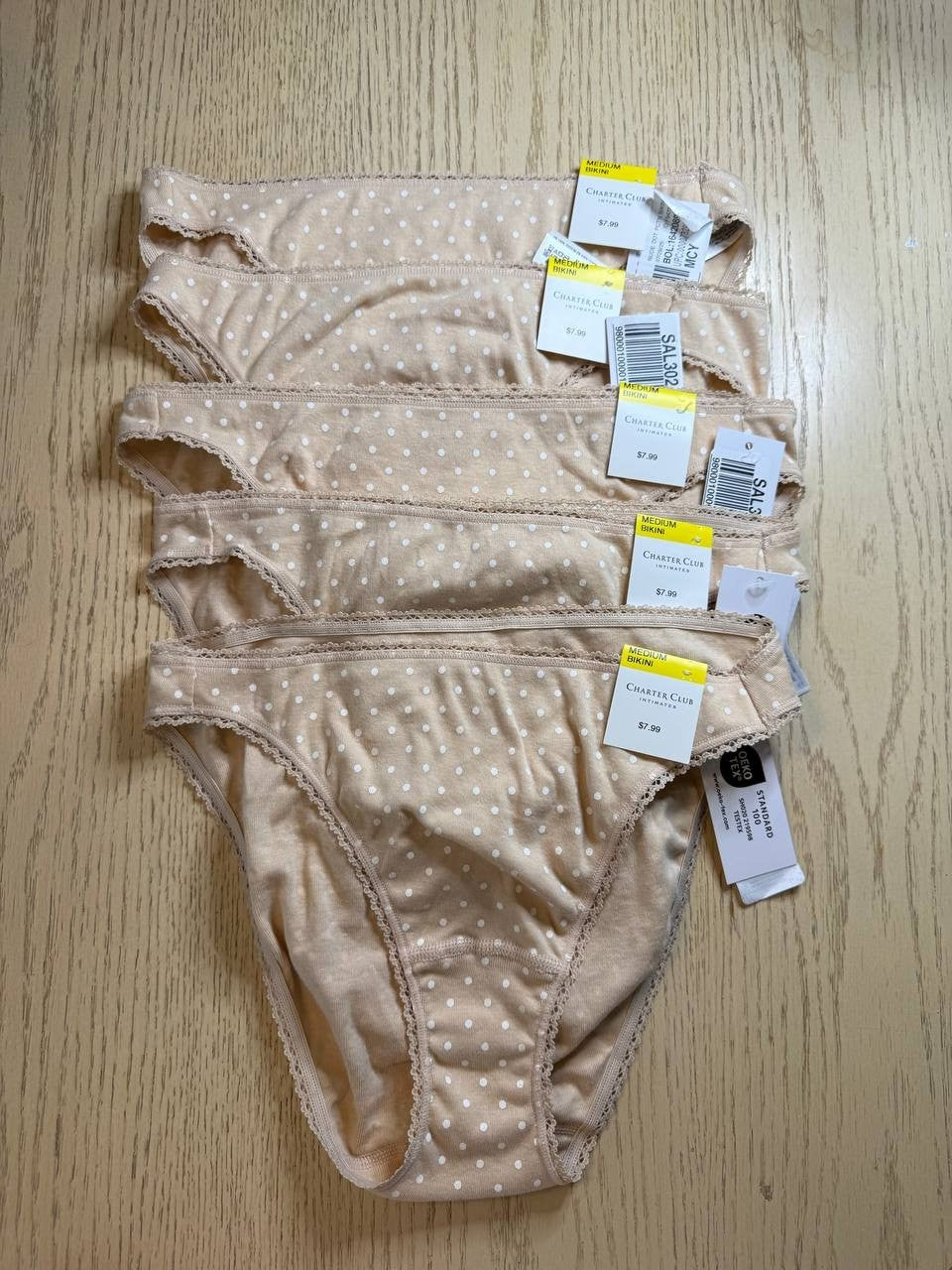 Charter Club Women’s Bikini Panties Size M Beige with White Polka Dots Lot of 5