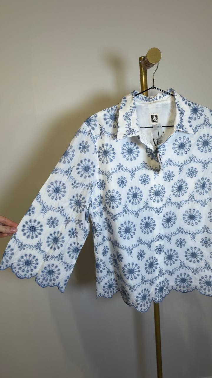 Anne Klein Scalloped Eyelet 3/4‑Sleeve Button Blouse White Multi L NWT $129