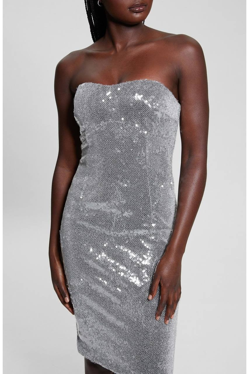 Guess Jamie Sequin Strapless Sheath Dress Silver 6 NWT $188