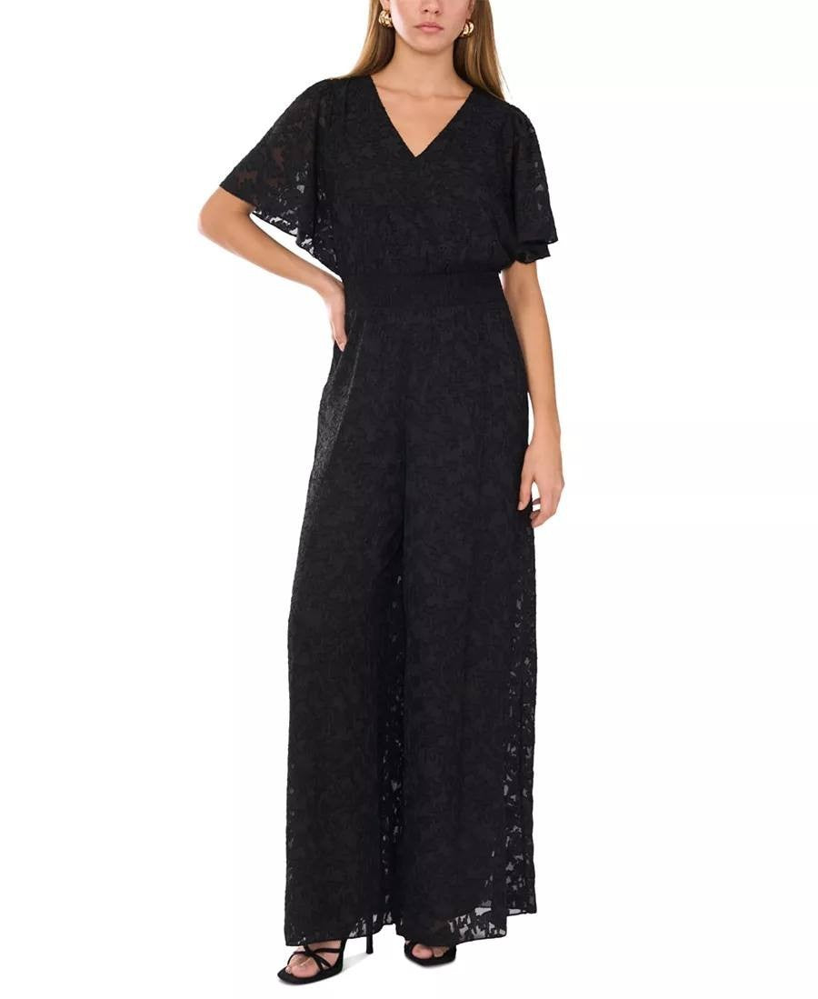 Vince Camuto Jacquard Smocked‑Waist Jumpsuit Black SizeXS NWT Elegant msrp$129